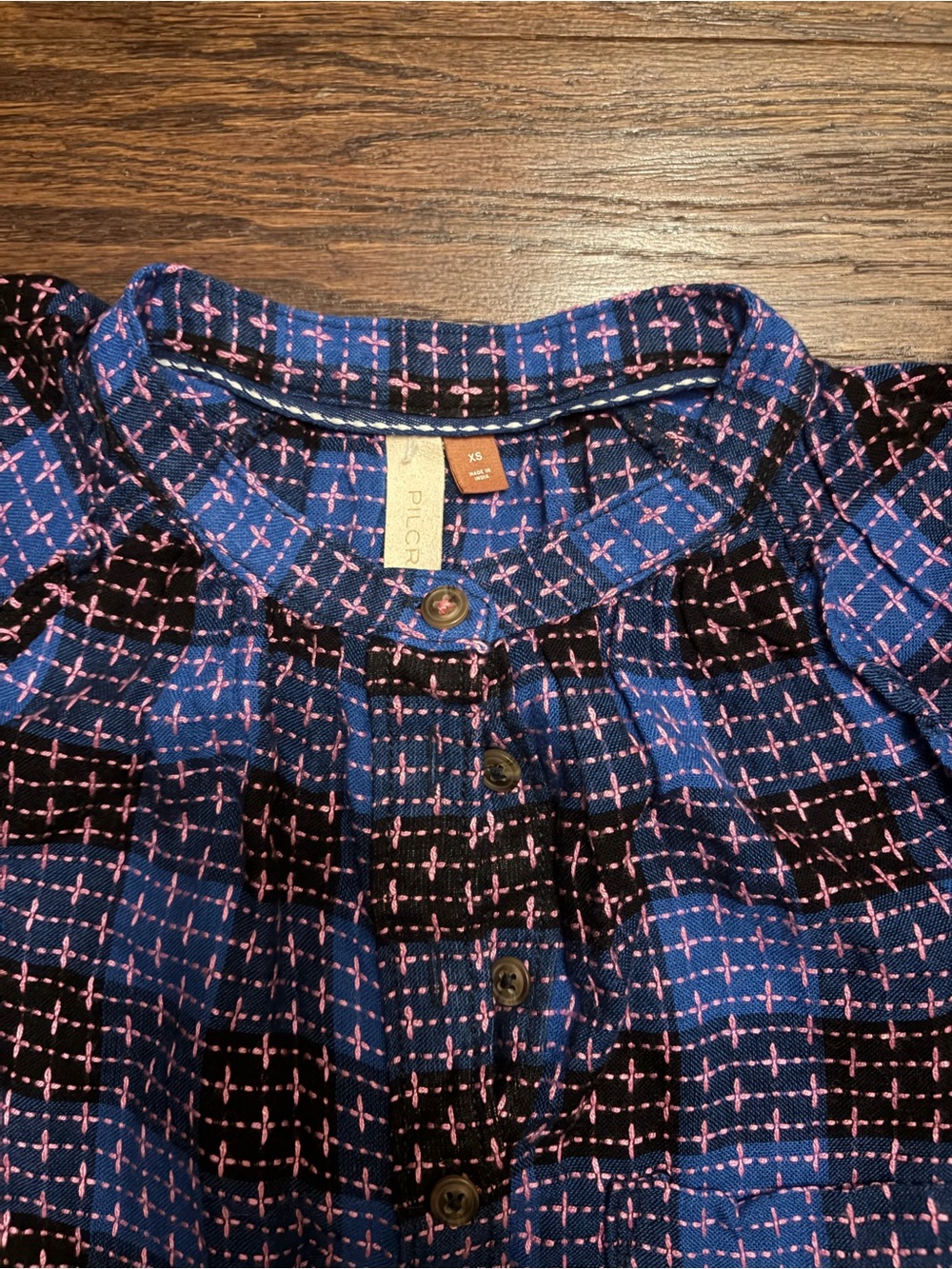 Pilcro women’s Blue & Pink Checked Button-Up Blouse - Anthropologie XS